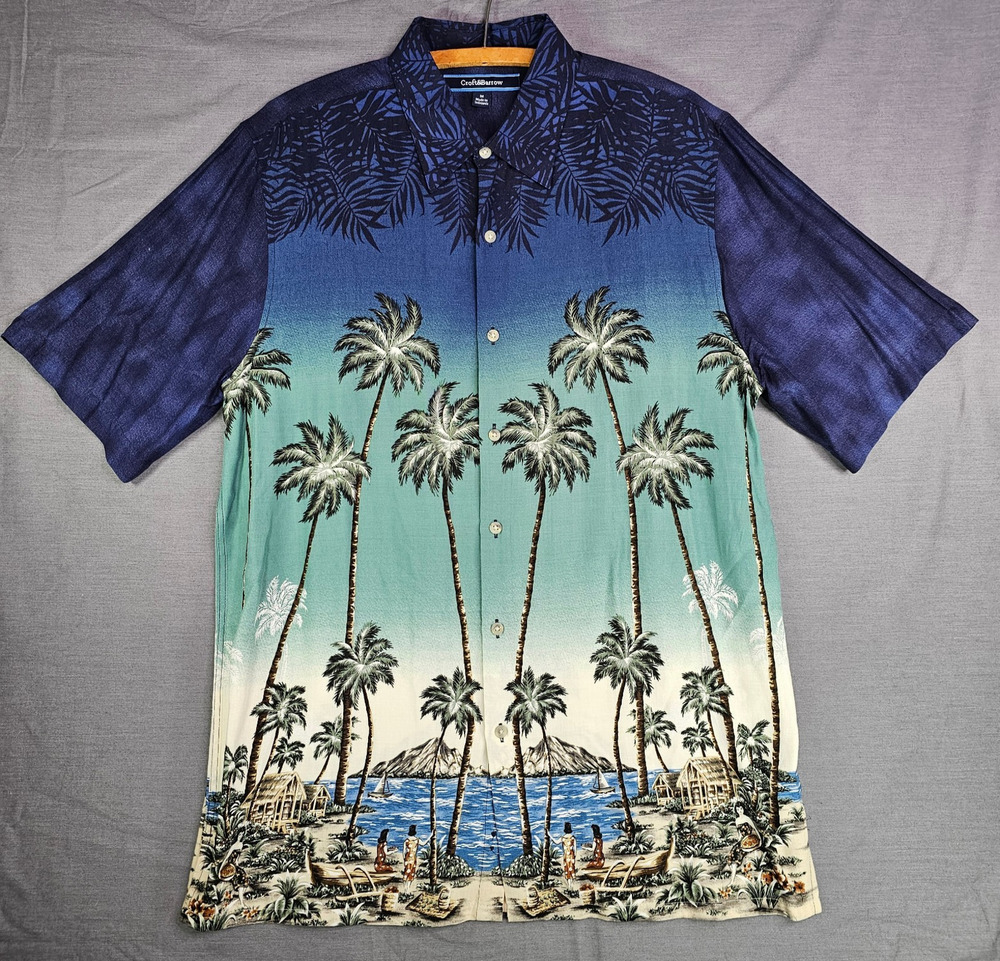 Croft & Barrow Hawaiian Shirt Blue w/Palm Tree Village Scene Men's Medium